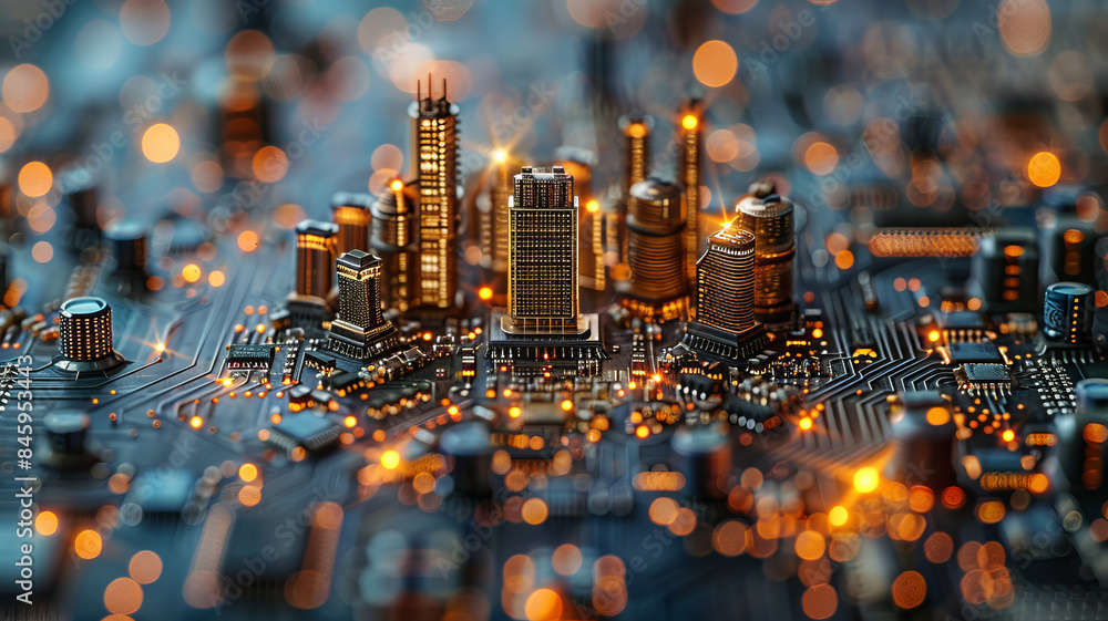 Poster a beautiful a very tech circuit board with a futuristic microchip in the center that looks like city