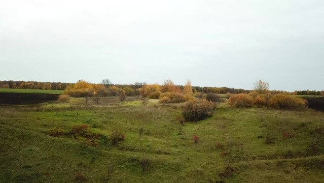 Autumn landscape with waterbody, displaying seasons beauty and nature from above