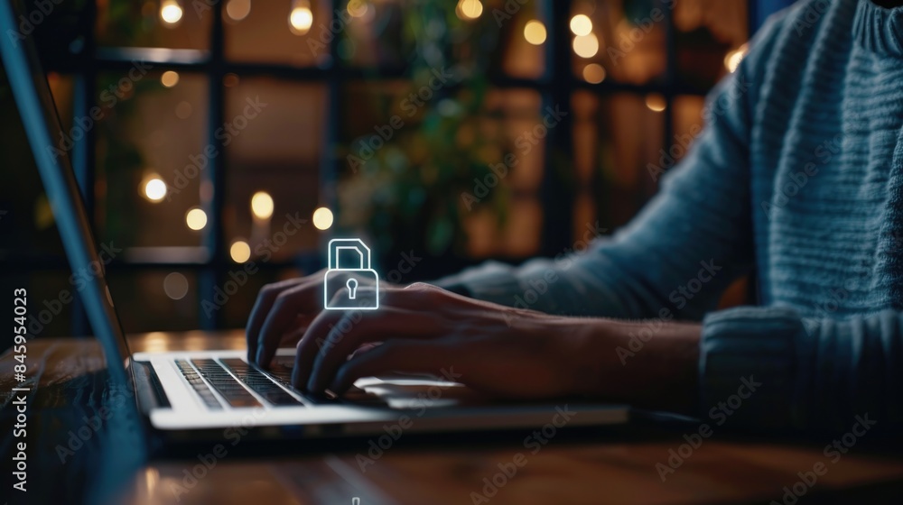 Aufkleber a person is sitting at a desk using a laptop while a padlock sits on top of the device, possibly ind