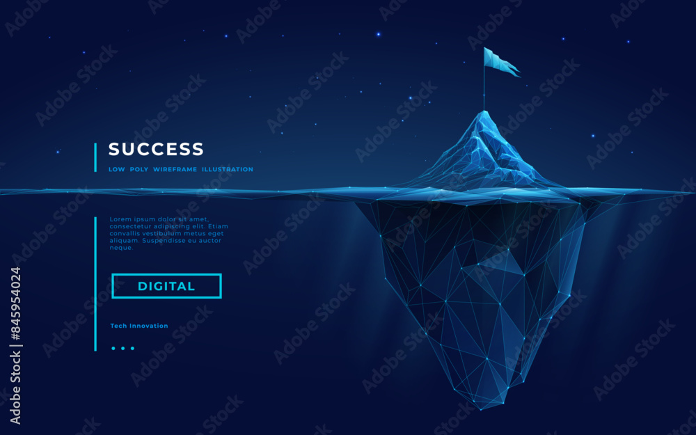 Poster abstract digital iceberg with a flag on the peak. night technology background. mountain with an unde