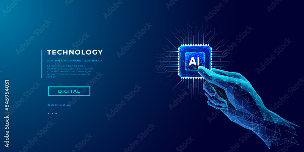 Poster Abstract digital AI chip in a human hand. Humanoid holding AI processor in a hand. Artificial Intelligence concept. Technology innovation background. Tech bg. Low poly wireframe vector 3D illustration