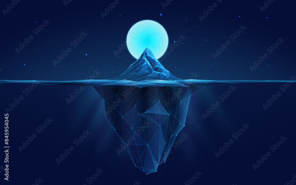 Poster abstract digital iceberg in a cold ocean. light blue moon in night starry sky. technology background