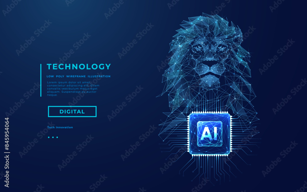 Poster AI chip and polygonal head of lion. Artificial Intelligence concept. AI artist or painter. CPU microchip or semiconductor bg. Low poly wireframe vector illustration. Abstract technology background.