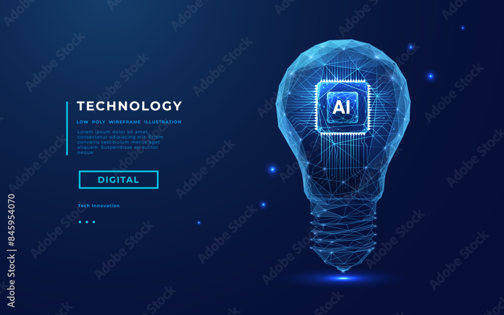 Poster Abstract digital AI chip and lightbulb on technology blue background. Artificial intelligence innovation concept. Tech bg. CPU processor or microchip. 3D Low poly vector illustration. 