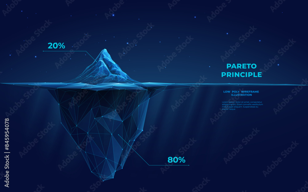 Aufkleber Digital iceberg with infographic. Pareto principle concept. Ice mountain peak in the cold ocean. Abstract technology background. Underwater iceberg. 3D polygonal wireframe vector illustration.  