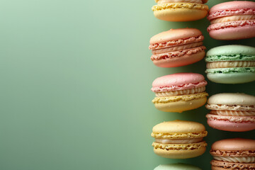 Colorful Macarons Arranged Vertically on a Green Background