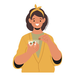 Smiling Woman Enjoying A Healthy Organic Vegan Snack. Female Character Is Holding A Small Bowl Of Nuts And Fruits