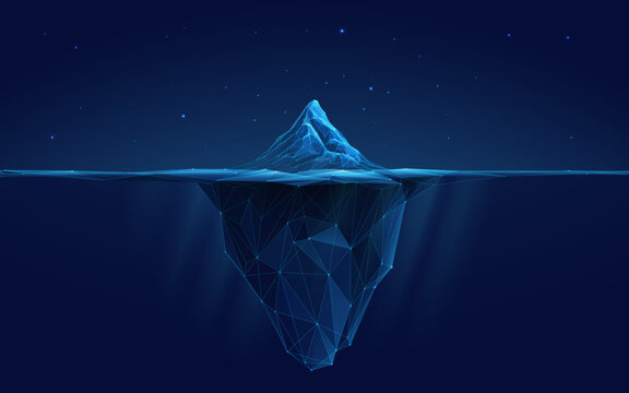 Abstract digital iceberg. Water surface on a dark night background. Ice underwater and mountain. Technology low poly wireframe glacier in the ocean. Polygonal geometric vector illustration. Tech bg.