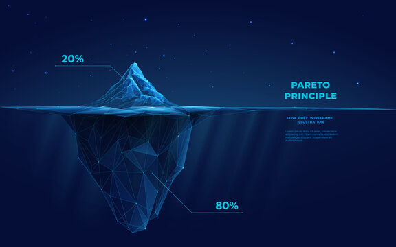 Digital iceberg with infographic. Pareto principle concept. Ice mountain peak in the cold ocean. Abstract technology background. Underwater iceberg. 3D polygonal wireframe vector illustration.  