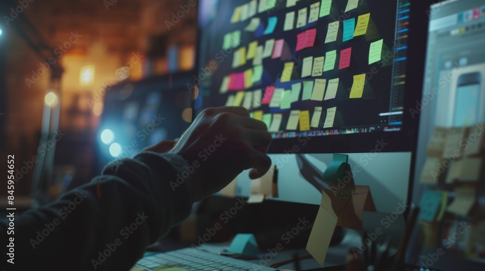 Poster A person sitting in front of a computer with multiple sticky notes on the screen, likely taking notes or brainstorming ideas