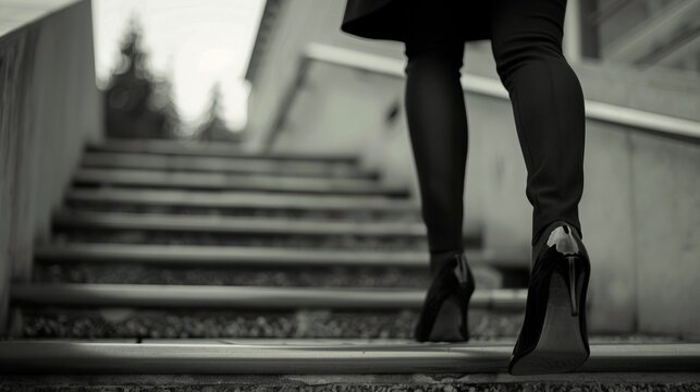 A woman wearing high heels walks up a staircase, possibly heading to an event or meeting