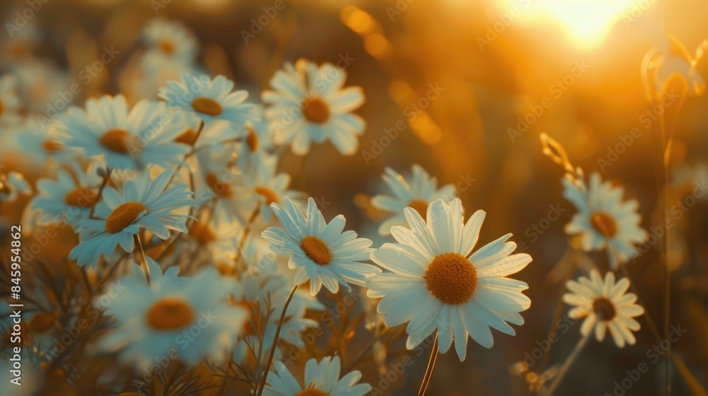Poster field of white flowers with the sun setting in the background