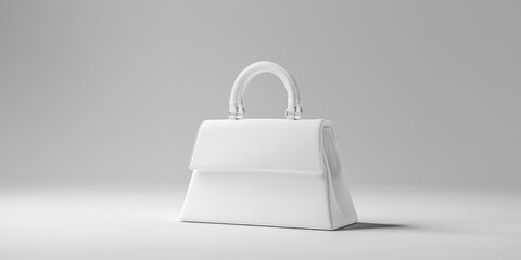 A single white purse sitting on top of a wooden or glass table, possibly in a home office or living room setting