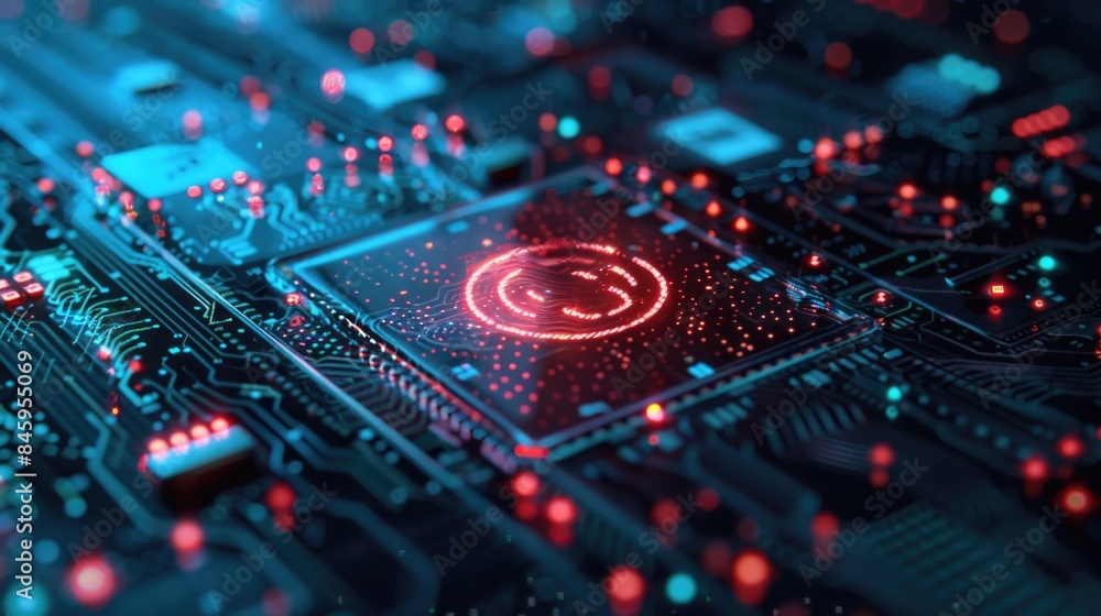 Poster Close-up view of a circuit board with a smiling face drawn on it, suitable for use in illustrations or designs about technology and innovation