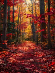 Fototapeta premium A forest path covered in carpets of red maple leaves, with tall trees on both sides