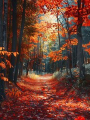 Fototapeta premium A forest path covered in carpets of red maple leaves, with tall trees on both sides