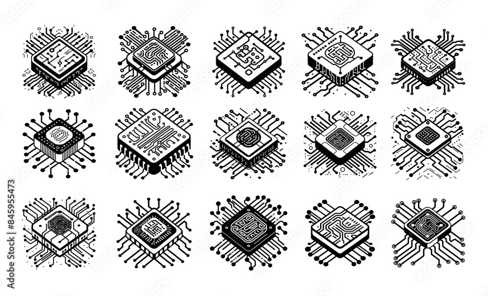Poster ai processor black isometric vector icons. chip microprocessor semiconductors artificial intelligenc