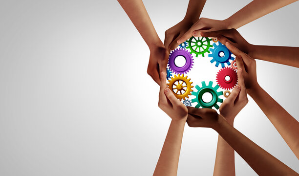 Working Business Unity and work diversity partnership as hands and gears or cog wheels connected in a group of diverse people united together as a support symbol of team or teamwork and togetherness.