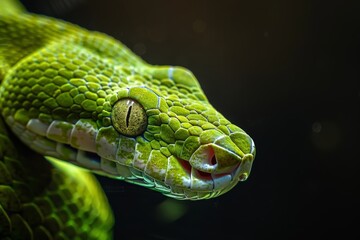 Obraz premium Vibrant Green Snake Portrait on Black Background Generative AI
