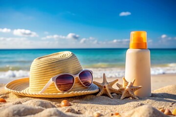 Summer beach essentials with SPF lotion, hat, sunglasses, blue sea backdrop