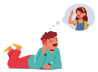 Cheerful Boy Lying On Floor, Talking On A Mobile Phone With A Friend. Cartoon Vector Image Conveys Friendship