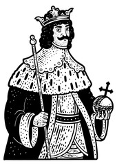 Obraz premium medieval king monarch with crown sketch engraving PNG illustration. T-shirt apparel print design. Scratch board imitation. Black and white hand drawn image.
