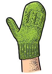 knitted woolen mitten on hand color sketch engraving PNG illustration. T-shirt apparel print design. Scratch board imitation. Black and white hand drawn image.