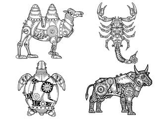 Mechanical animal set camel scorpion turtle bull sketch engraving PNG illustration. T-shirt apparel print design. Scratch board imitation. Black and white hand drawn image.