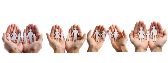 Hands holding paper cutout families on transparent background