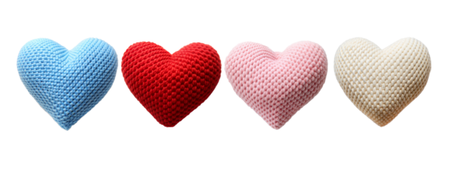 Colorful crocheted heart shapes on a transparent background