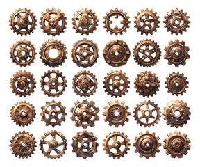 Bronze gears cartoon vector set. Round circles geared wheel steampunk metal brass mechanisms vintage retro parts machinery components, illustration isolated on white background