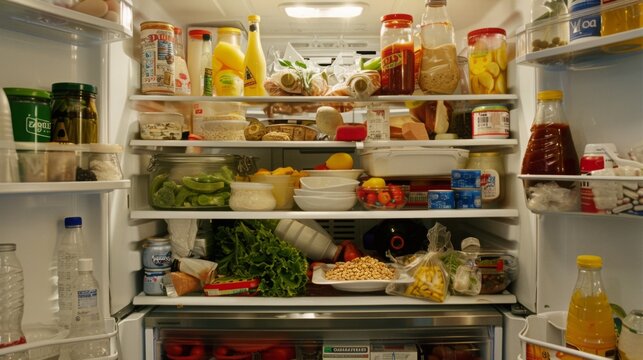 A cluttered refrigerator with various food items, including jars, bottles, containers, and fresh produce.