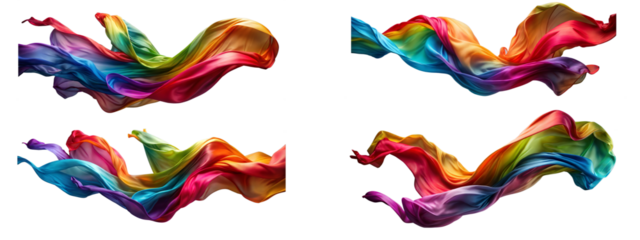 Colorful flowing fabric swirls on transparent background