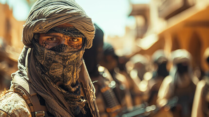 Obraz premium A man with a scarf on his face stands in front of a group of men. Scene is tense and serious