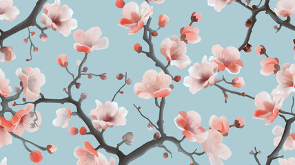 estampado inspirado en la chinoiserie con tonos rosas y fondo azul claro.