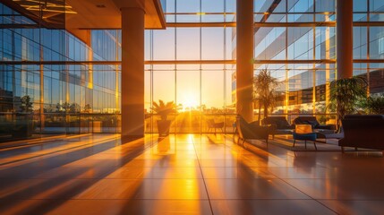 Corporate headquarters at sunset, with golden light streaming through floor-to-ceiling windows