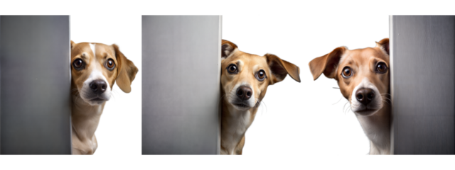 Three curious dogs peeking through metal panels on transparent background