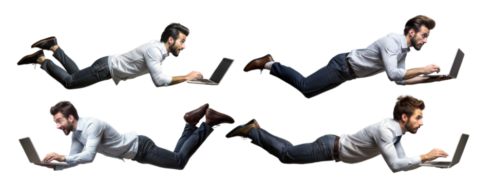 Businessman working on laptop in different positions on transparent background