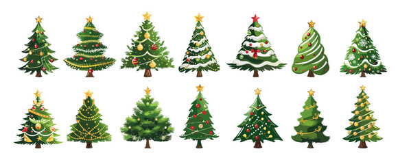 Obraz premium Christmas trees cartoon vector set. Green stars bows balls snow garlands fir needles holiday plants decorations vacation symbols isolated on white background