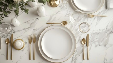 Empty plates and gold cutlery on dark green background. Festive place setting with beige napkin. Top view. Dining table in luxury restaurant. Tableware, crockery.