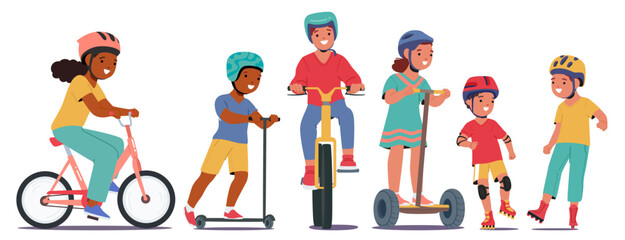 Happy Kids Wearing Helmets And Riding Various Vehicles Including Bikes, Scooters, And Hoverboards, Vector Illustration