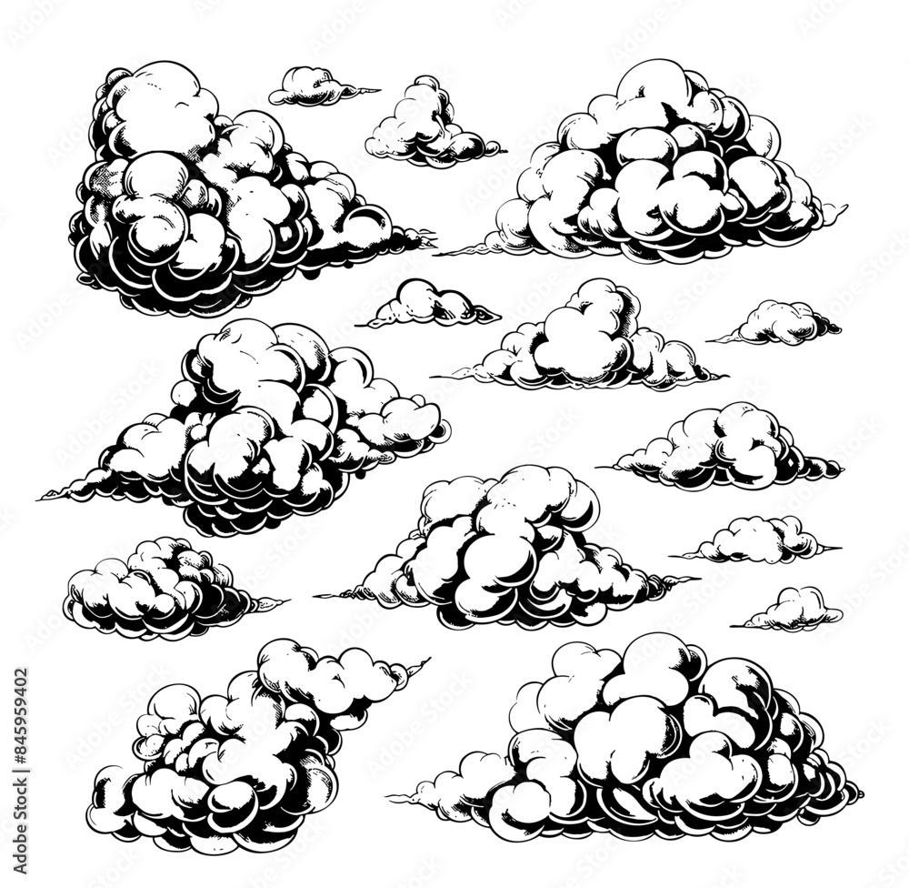 Wall mural clouds ink sketch vector set. steam vape air fog accumulations rain snow smoke isolated on white bac