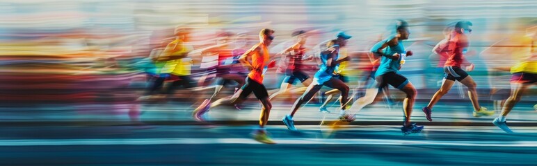 The photograph captures marathon runners in a dynamic blur, exuding energy and movement in a vibrant race scene