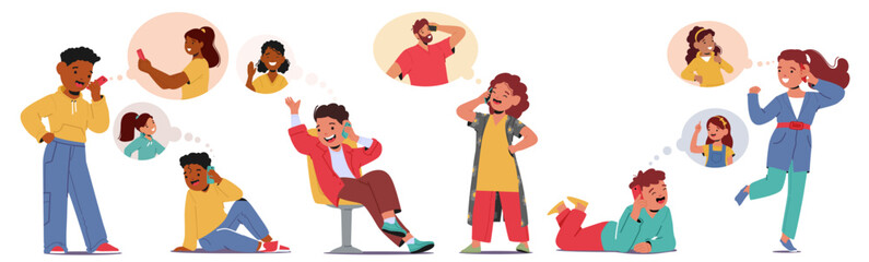 Diverse Group Of Kids Friends Engaged In Phone Conversations, Sharing Laughter And Joy, Cartoon Vector Illustration