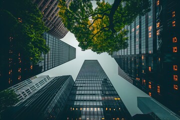 A stunning upward view of city skyscrapers framed by lush green trees. The juxtaposition of modern architecture with nature highlights the balance between urban development and environment