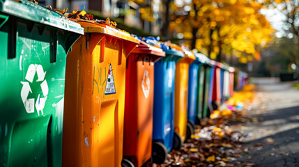 A row of trash cans with different colored lids, including green, orange, and blue. The green trash can has a recycling sign on it