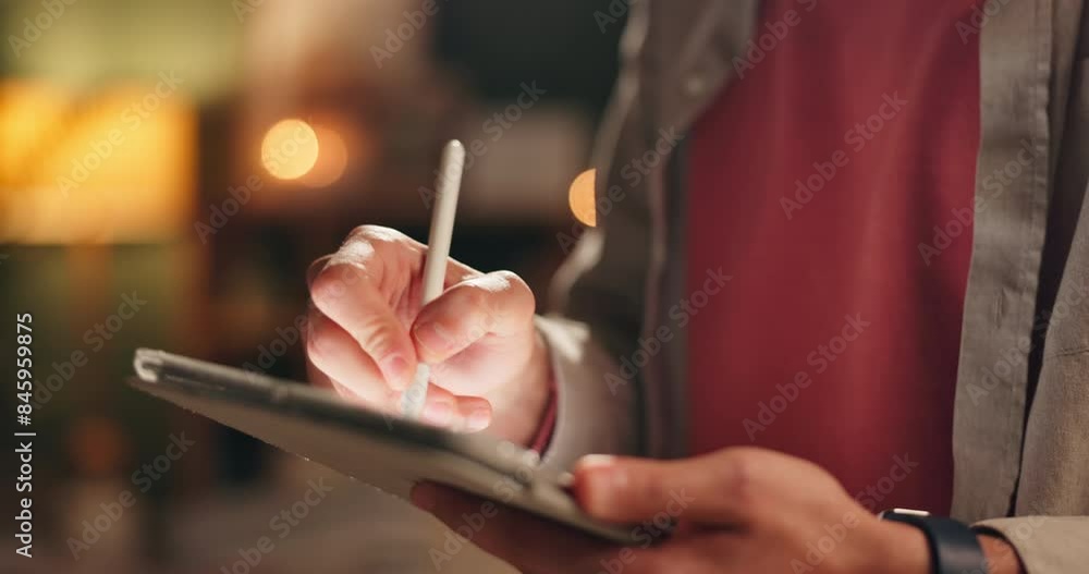 Poster office, hands and digital tablet with pen for writing, drawing sketch and application for creativity