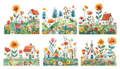 Naklejka premium Countryside cartoon vector concepts. House window pipe garden flowers hill meadow plants stems buds grass trees roof clouds sun farm cute tiny buildings, isolated scene on white background