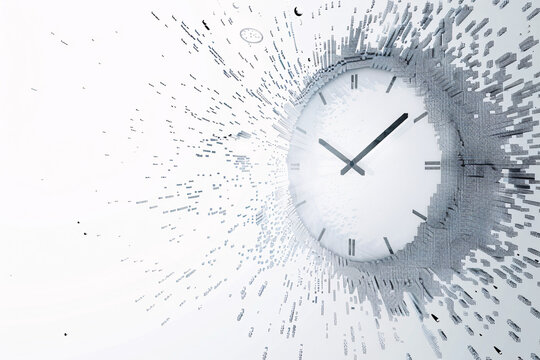 An abstract depiction of a clock exploding into digital fragments against a white background