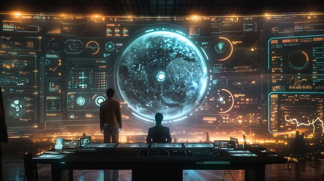 Two individuals stand in a futuristic control room, observing a holographic projection of Earth displayed on a large screen.